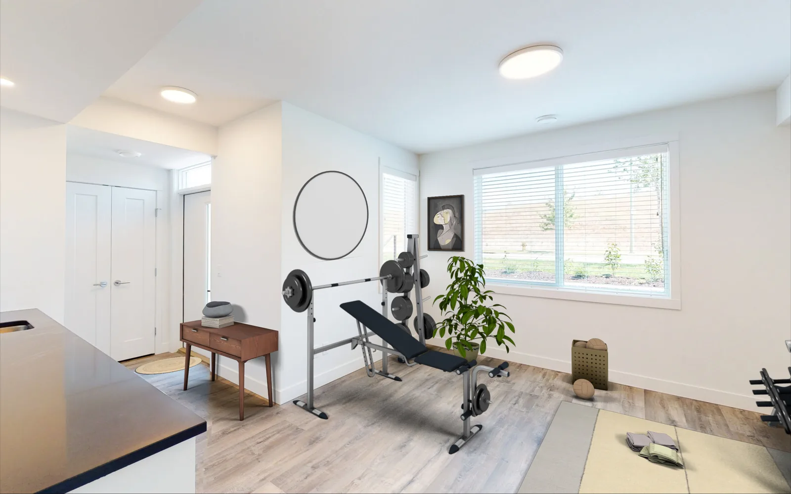 An Academy Ridge lock-off flex room furnished as a home gym, first view
