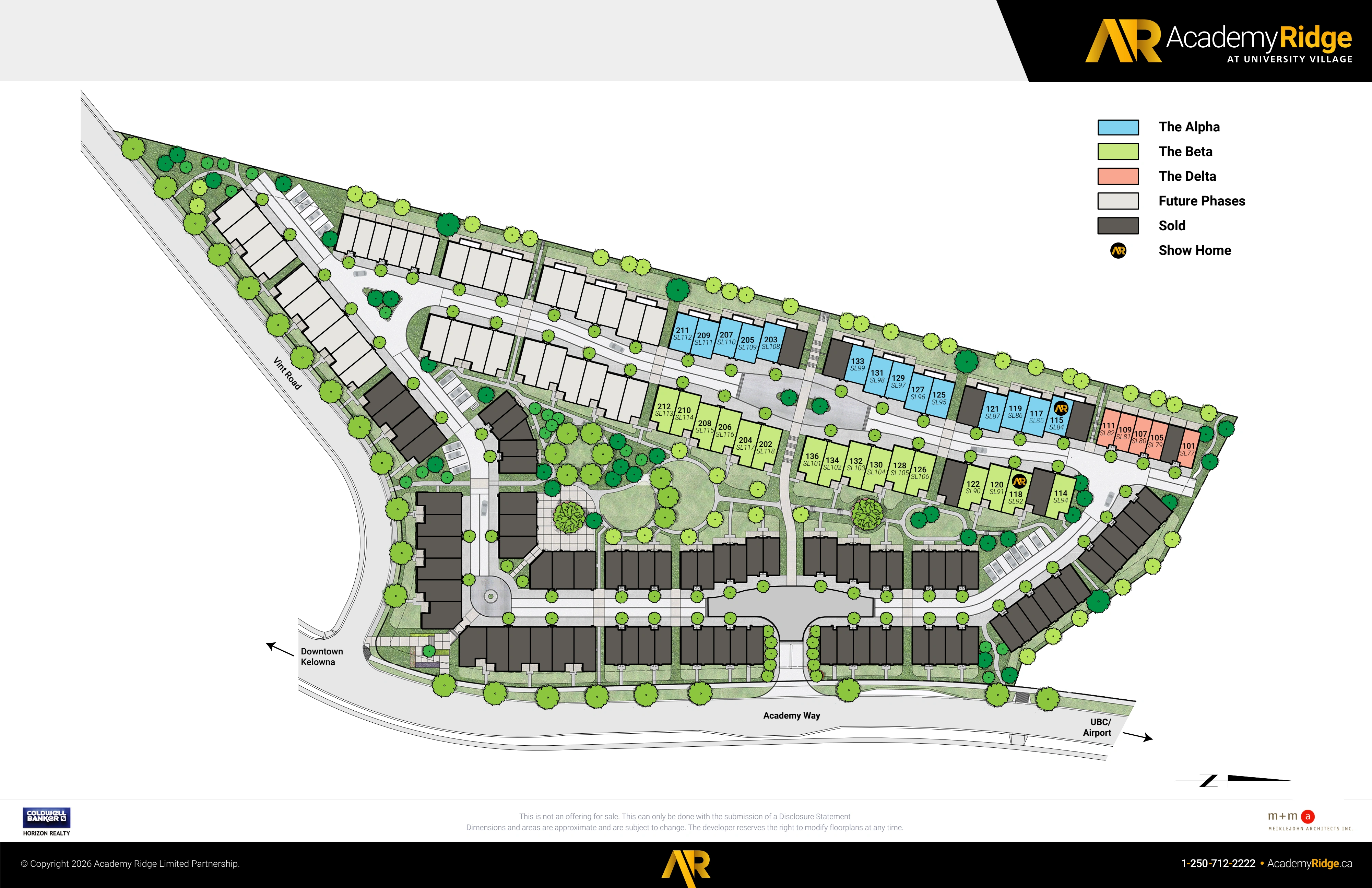 Academy Ridge site plan showing available townhomes colour-coded by floor plan, with sold homes and future phases marked